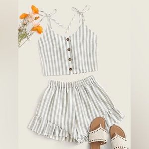 Striped Button Front Cami Top with Ruffle Hem Shorts